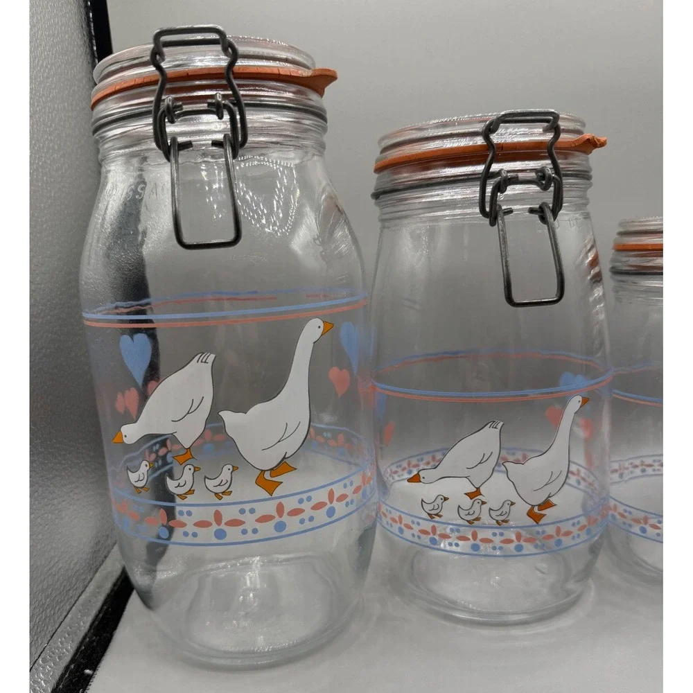 Vintage ARC France Hearts & Geese Glass Canister Set 4 Clamp Lid Wire Bail Jars